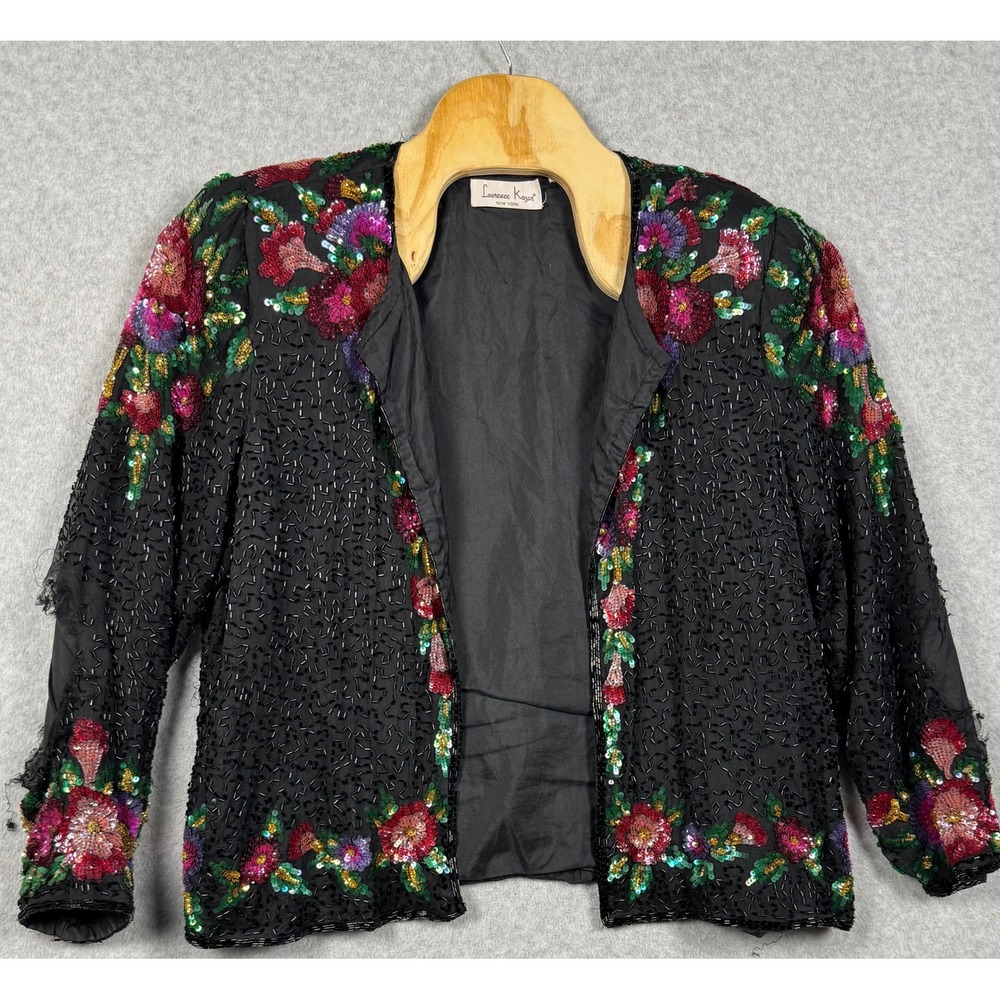 Laurence Kazar Beaded Jacket Women 3X Black Floral Sequin Evening Bolero Vintage